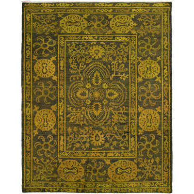 Tapis unique vert olive / vert en laine noué à la main de style années 2010 de 9 pi x 11 pi 9 po Aneita
