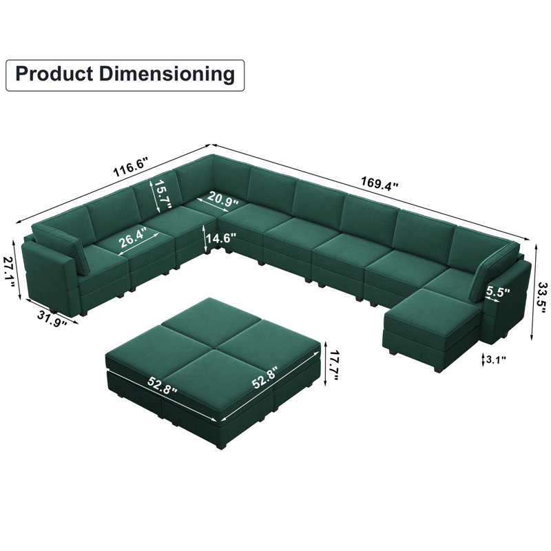 Canapé modulaire rembourré en velours surdimensionné en velours de l 169,4 po Wylodene, Velours vert