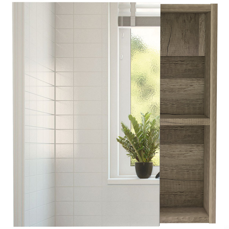 Pharmacie avec miroir, cinq tablettes internes, porte simple - pin, Beige