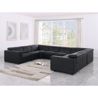 Arcadia Luxurious 8-Piece U-Sectional In Genuine Leather With 2 Power Recliners With Power Headrests