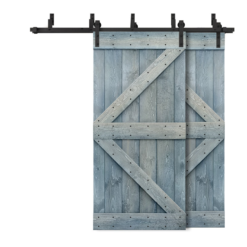 Porte de grange à panneaux et en bois avec quincaillerie d'installation, 40 po x 84 po, Bleu denim