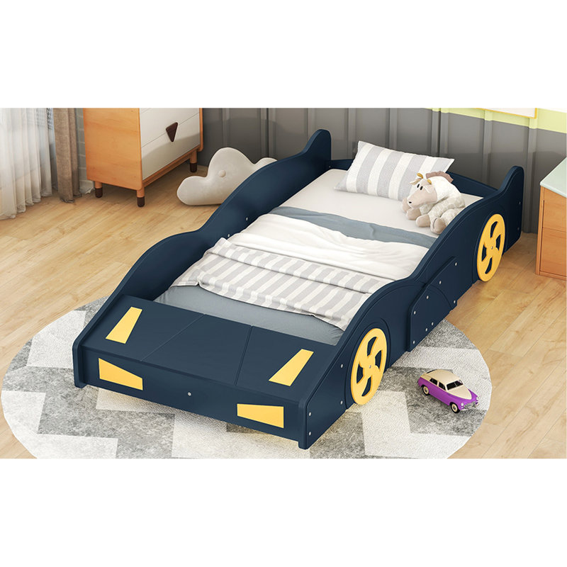 Lit de course en forme de voiture simple bleu foncé + jaune avec fonction de rangement et assurance - Fabrication en bois massif pour l'option de plateforme de chambre à coucher, meubles