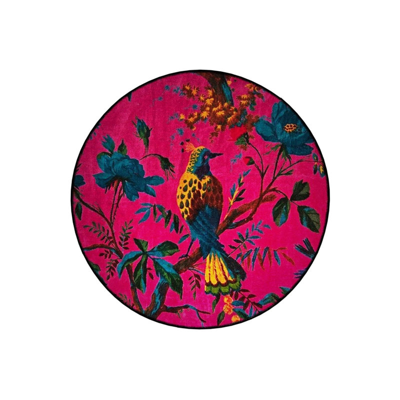 Dark Pink Bird And Flower Detailed Woven Base Modern Decorative Carpet, Round 4'