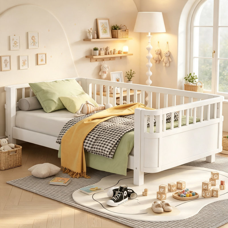 Convertible Wood Bed with Removable Safety Rail, Low Platform Bed for Kids Transition Sleep, Twin Size, White, White