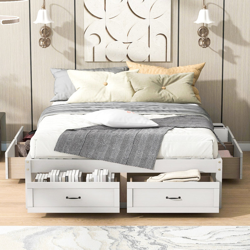 Grand lit plateforme avec 6 tiroirs de rangement, Grand lit, Blanc antique