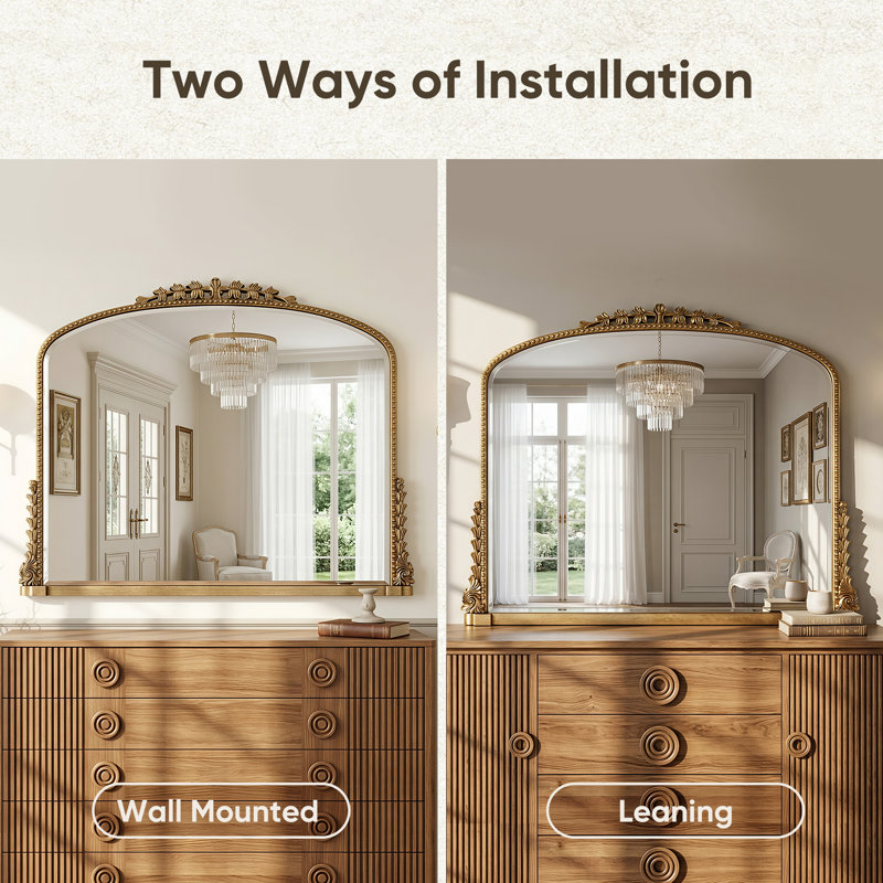 Retro Engraved Bathroom Mirror, Arched Wall Mirror, Gold, 32"×40"