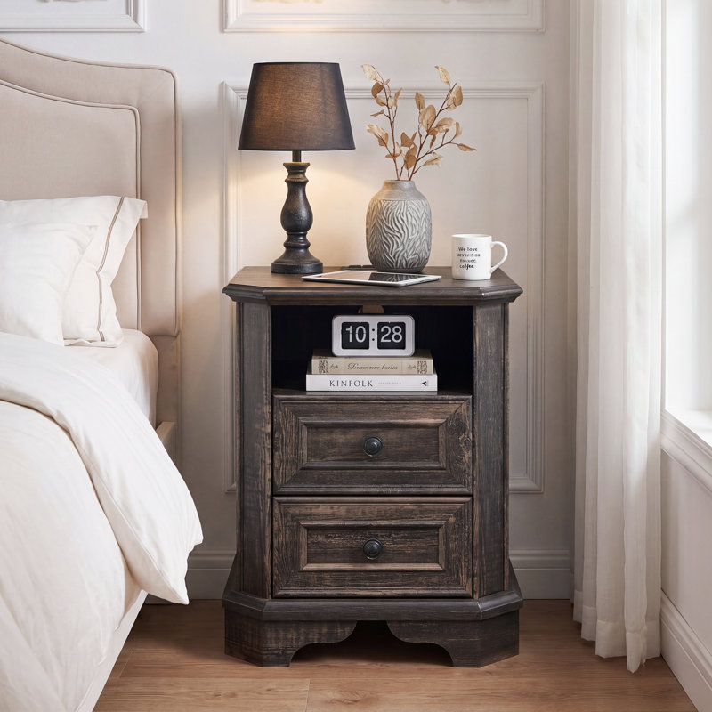 2 - Drawers Modern Wood Nightstand With Charging Station,bed Side Table With Open Storage For Bedroom And Built-in Outlets