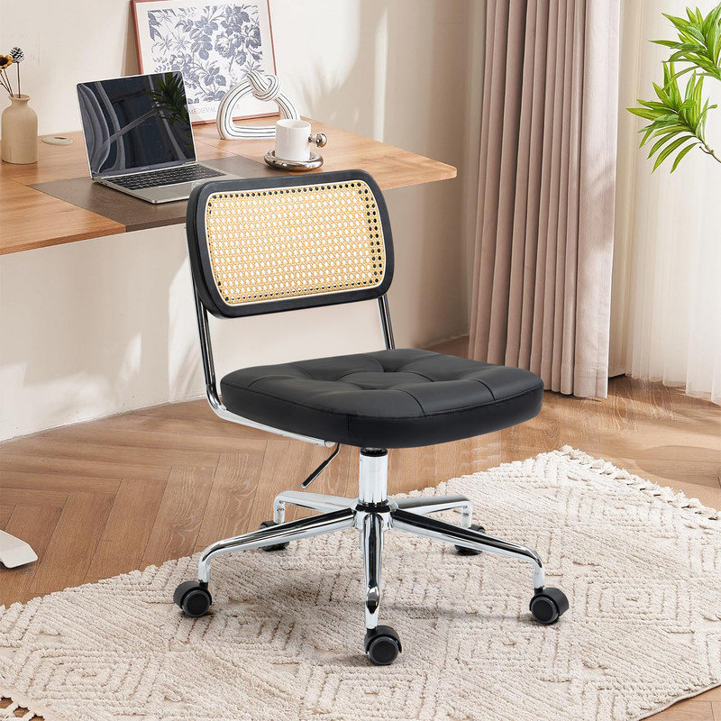 Chaise de bureau en cuir sans accoudoirs avec roulettes, dossier en rotin, Noir, noir, noir, noir