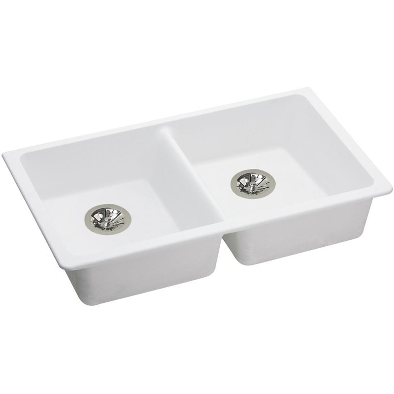 Évier de cuisine à double cuve avec crépine Quartz Classic 33 po x 18 1/2 po x 5 1/2 po, blanc