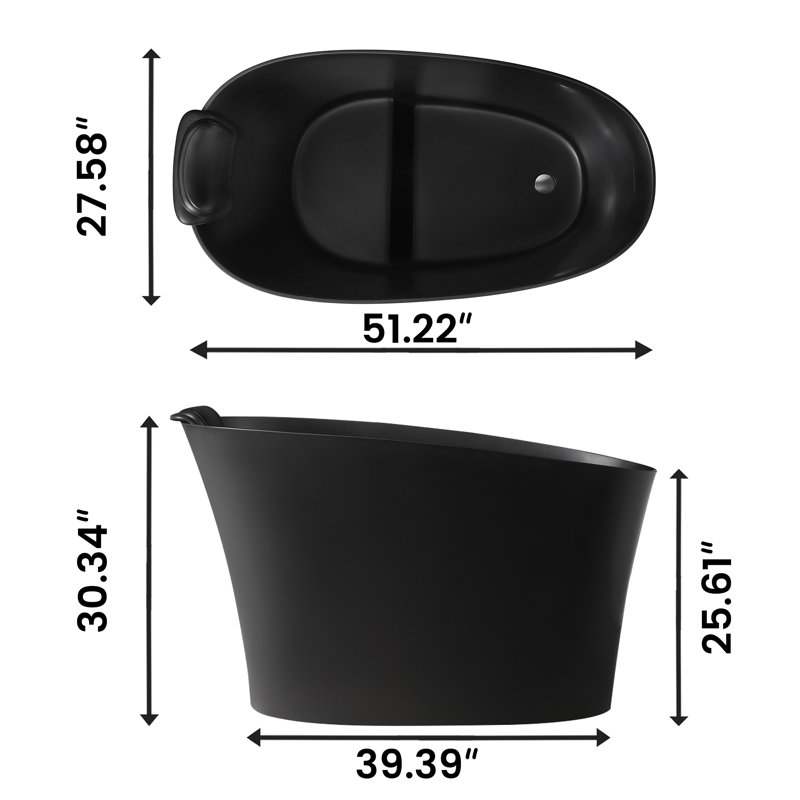 51" Oval Freestanding Solid Surface Bathtub With Integral Seat, Headrest, Overflow & Drain, Black