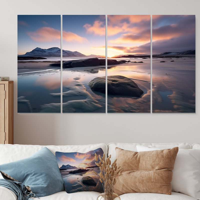 «Sunrise On Rocky Beach I - Coastal Beach», art mural 4 pièces, H 28 po x l 48 po