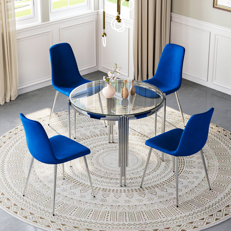 Round Glass Dining Table Set For 4, Modern Irregular Stainless Steel Table With Velvet Cushioned Chairs, Clear/Silver