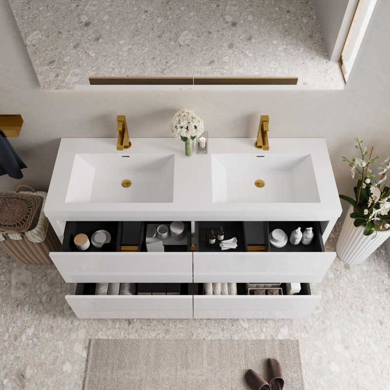 60" Freestanding Double Bathroom Vanity Modern Style Vanity with Integrated Solid Surface Countertop and 2 Sinks, 4 Soft Close Drawers