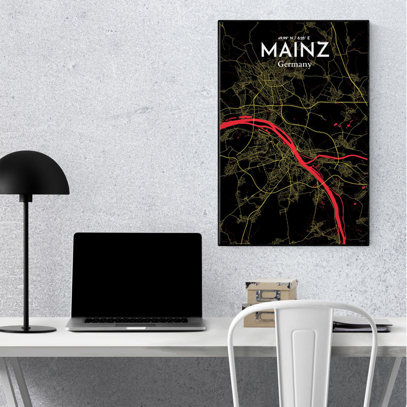 Mainz, carte de la ville, impression, H 36 po x l 24 po, Noir / rouge / jaune