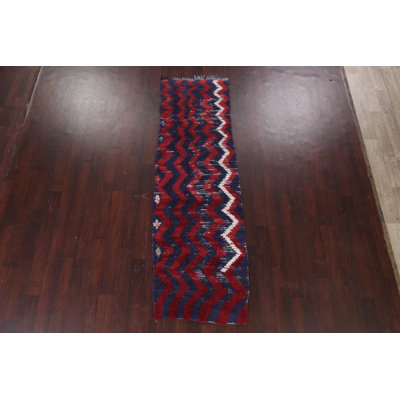 Tapis de couloir rouge en laine noué à la main de conception unique 2 pi 9 po x 8 pi 11 po