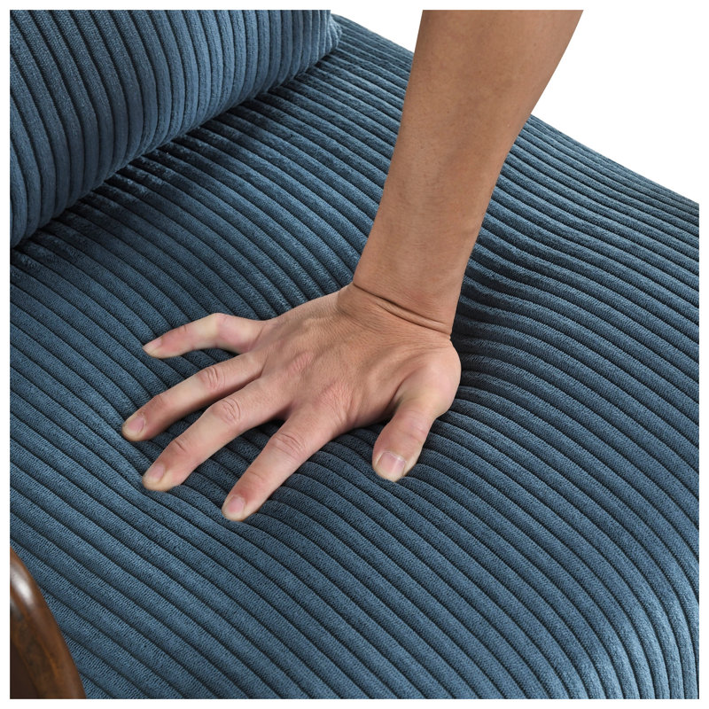 Fauteuil d'appoint moderne en velours côtelé bleu avec coussin, structure en bois d'hévéa massif, fauteuil rétro Mid-Century pour le salon