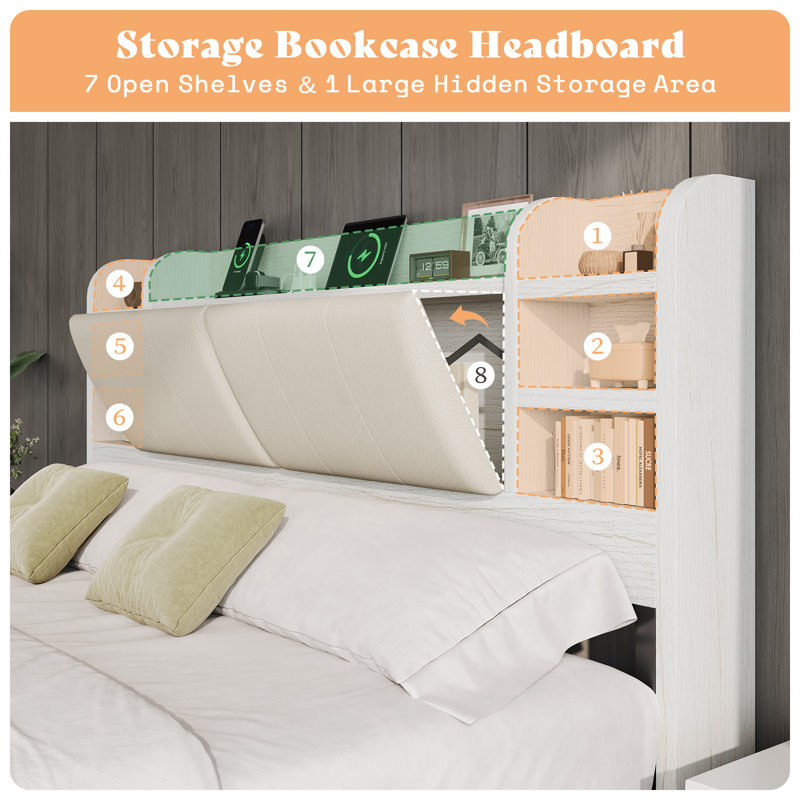 Billericay Upholstered Bed Frame With 4 Storage Drawers, Wooden Bed Frame With 47.2" Bookcase Headboard, Platform Bed With Charging Station/no Box Spring Needed,King