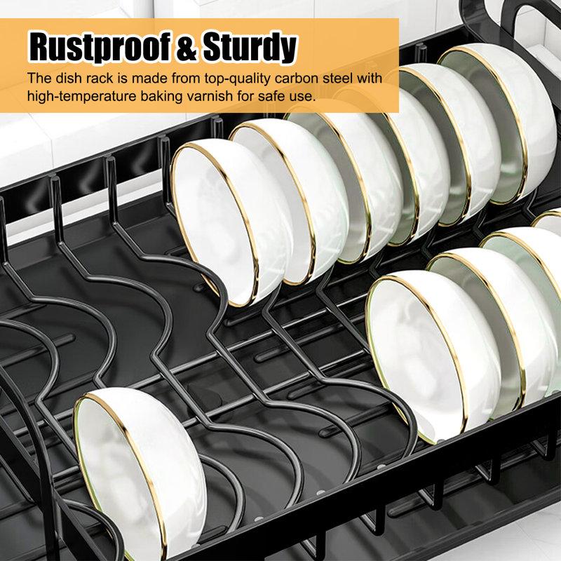 Black 2-Tier Foldable Metal Dish Drying Rack with Utensil Cup
