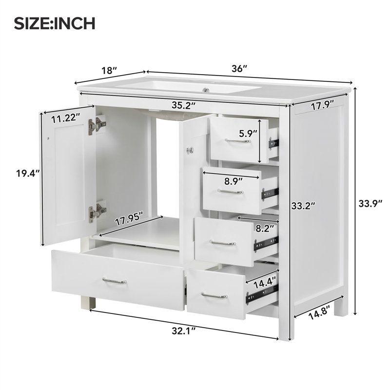 Meuble-lavabo simple 36 po avec portes et tiroirs à fermeture en douceur, Argent argent, Blanc