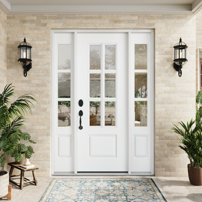 Entry Front Exterior Fiberglass Door 30" x 80" Primed White 6-Lite Clear Glass Prehung Door Fixed Double Sidelite White 3-Lite Clear Glass Door With Jamb, Right-Hand Inswing (Not Included Hardware Kit)