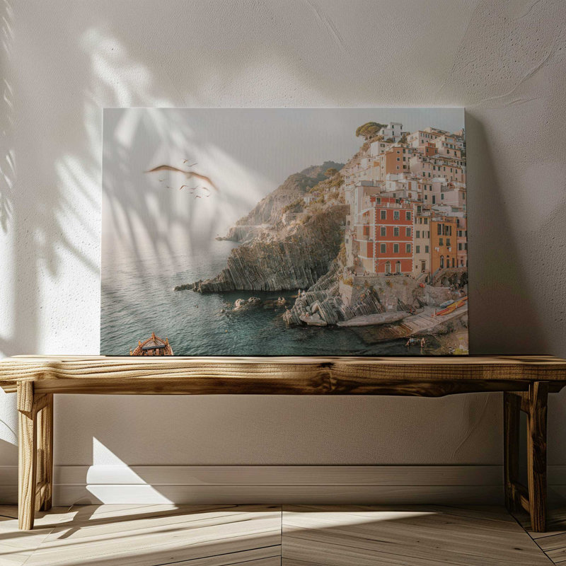 Village par les falaises II, reproduction sur toile, dans un cadre noir satiné, 12 po x 18 po, H 12 po x l 18 po x P 1,25 po