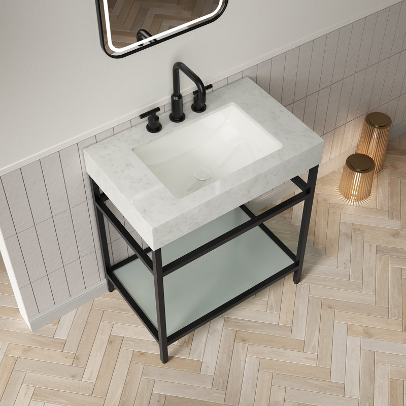 Plan de travail ASO 30 avec bordure en marbre artificiel, lavabo encastré en céramique avec 3 trous de robinetterie, support autoportant en acier inoxydable avec tablette en verre trempé, couleur noir