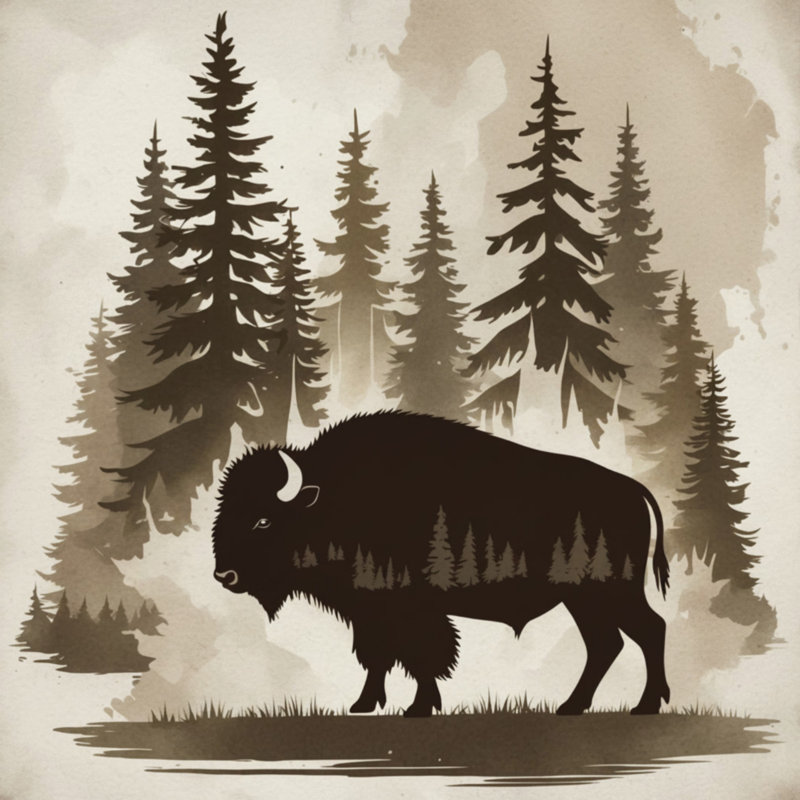 Bison dans des couvertures de forêt, L 60 po x H 80 po, Dark Brown Light Beige 2