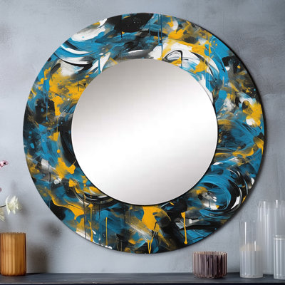 «Blue and Yellow Abstracted Realms I» - miroir mural abstrait, miroir décoratif moderne, impression d'art en métal