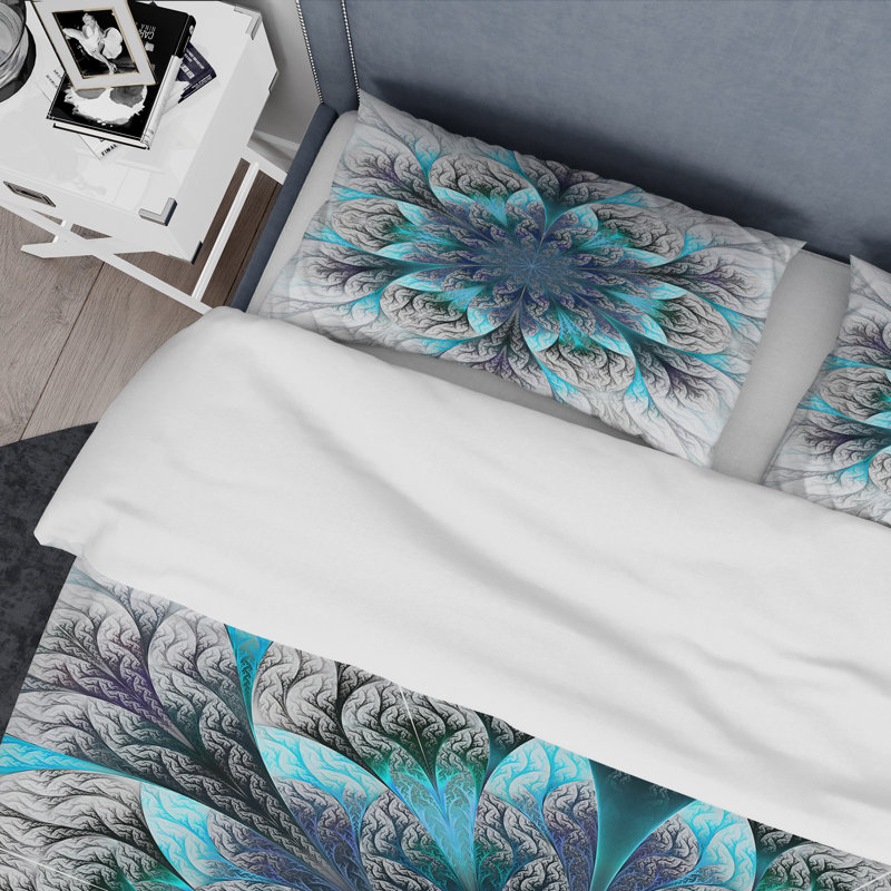 Turquoise And Gray Fractal Flowers - Modern Duvet Cover Set - Microfiber Polyester, Queen Duvet Cover + 2 Standard Shams