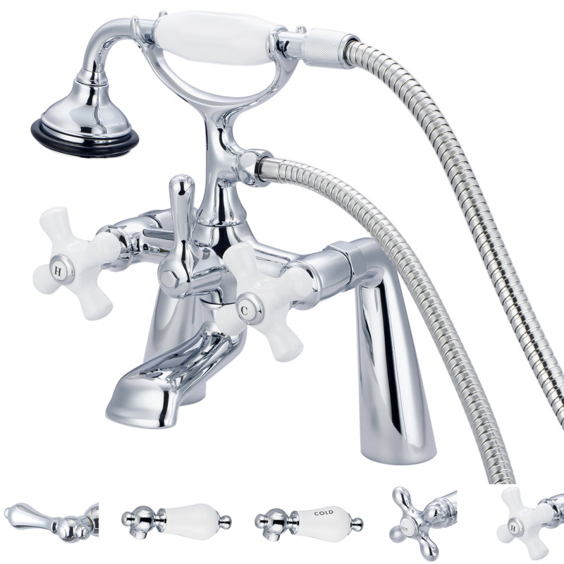 Stonington 3 Handle Deck Clawfoot Tub Faucet, Hand Polished, Richly Triple Plated Chrome Finish, Porcelain Cross Handles