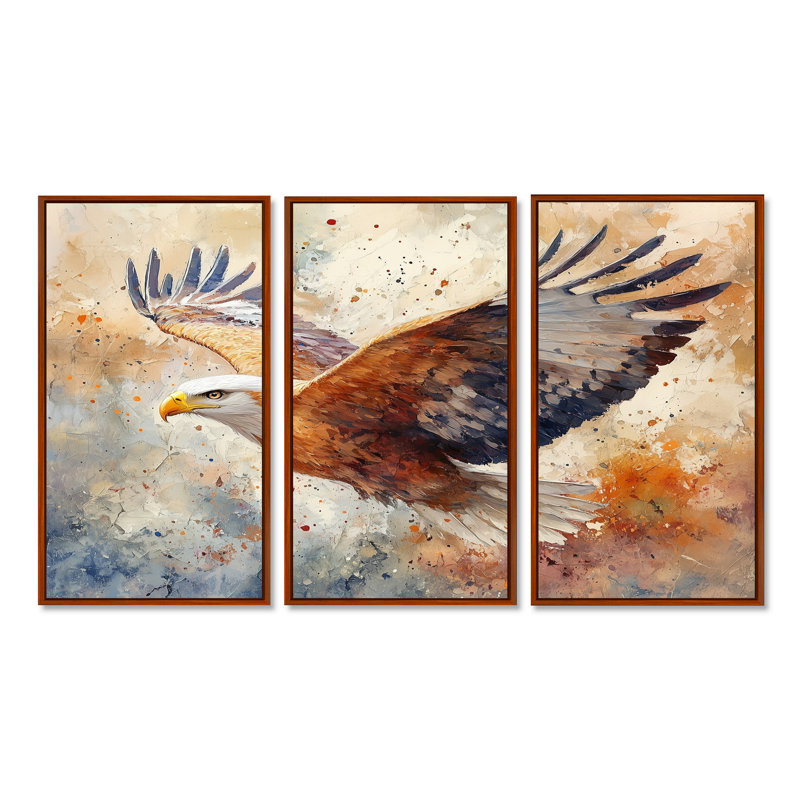 Brun, jaune, audacieux, aigle, vol d'oiseau, H 28 po x l 36 po x P 1 po, Toile avec cadre flottant brun