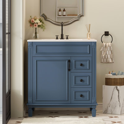 Meuble-lavabo de 30 po avec lavabo en céramique de haute qualité, deux tiroirs et tablette personnalisable, idéal pour les petits décors d'inspiration française.