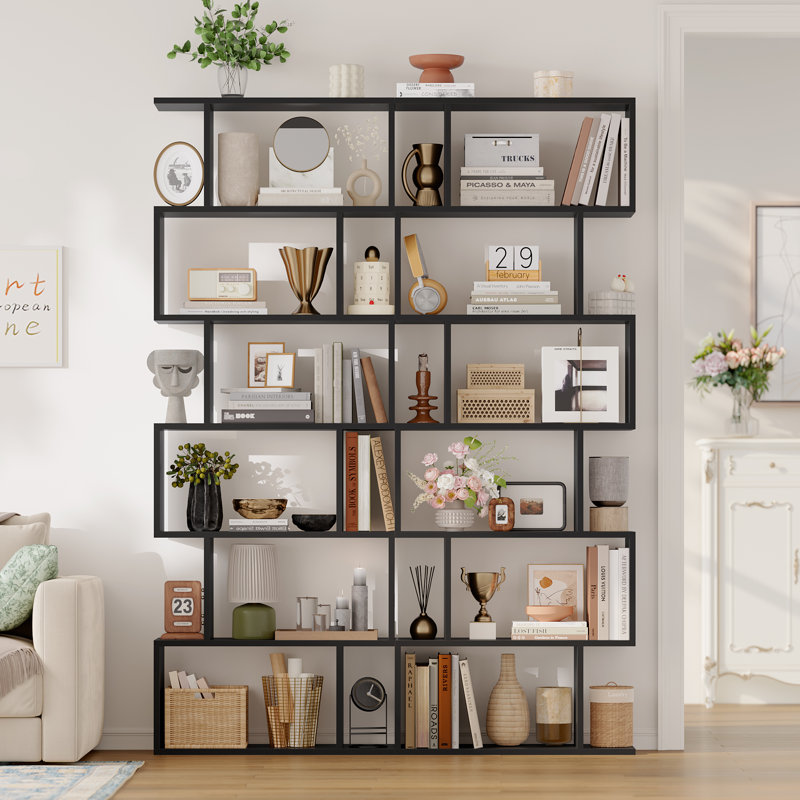 Hermoth 75'' H X 27.6'' W Tall Geometric Bookcase,6-Tier Storage Shelf, Contemporary Display Shelf, Black, 2