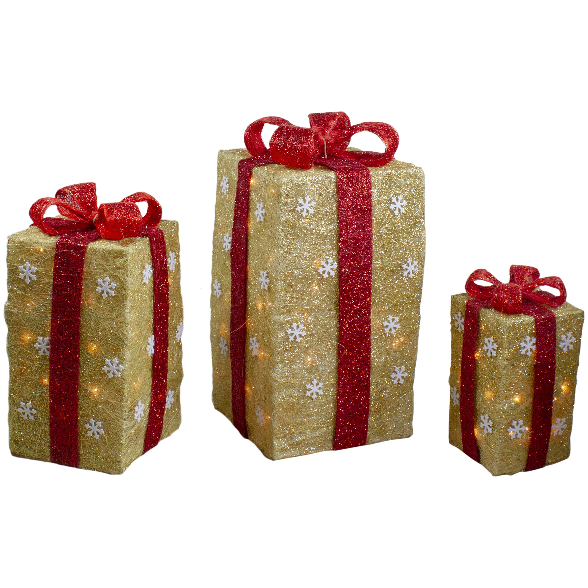 Set of 3 Lighted Tall Green Gift Boxes with Red Bows Christmas Outdoor  Decorations 18