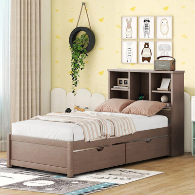 Zenia Wood Bookcase Headboard Platform Bed with Underbed Drawers