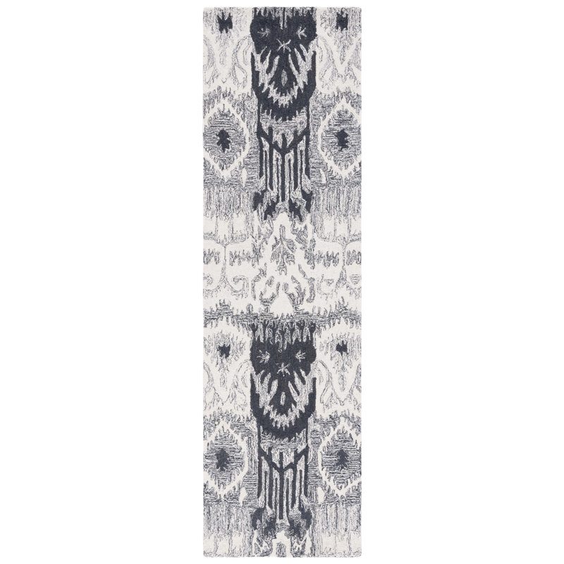 Ikat Hand Tufted Wool/Cotton Ikat Rug in Black/Ivory, Runner 2'3" x 8'