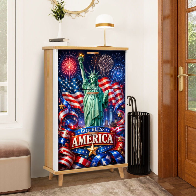 Armoire de rangement pour chaussures avec 3 tiroirs rabattables pour statue Liberty American Flags Fireworks Celebration Design