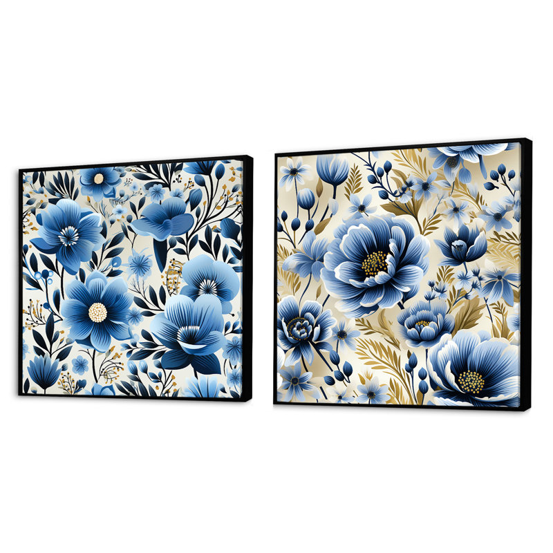 Heise - Ensemble de 2 collages floraux carrés, Cadre flottant noir, H 16 po x l 33 po