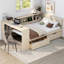 Lit plateforme en bois pleine grandeur avec tablettes de rangement, tiroirs, station de charge et tête de lit tapissier, crème-791792638-791792639