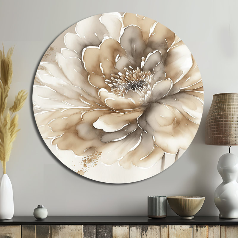 Simple fleur beige simple IV - décoration murale ronde florale en métal, H 23 po x l 23 po
