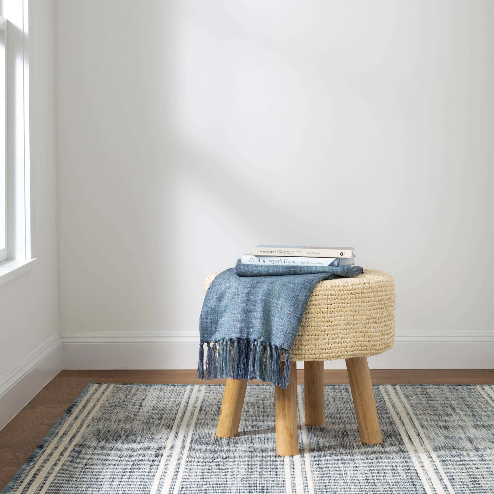 Malta Hand-Woven Striped Wool Rug, Blue, Runner 2'6" x 8'