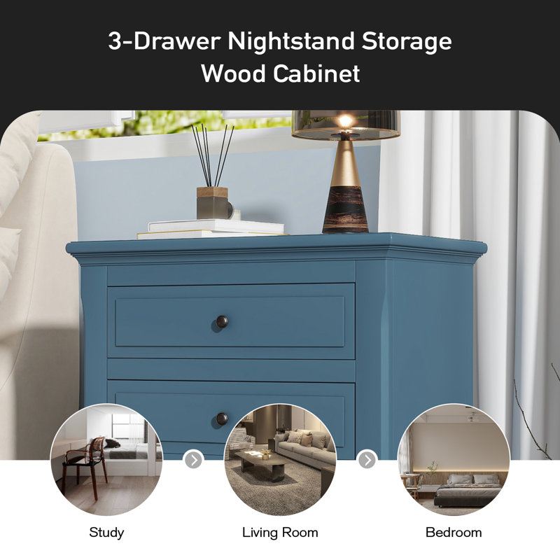Albers Traditional 3 - Drawer Nightstand, Blue