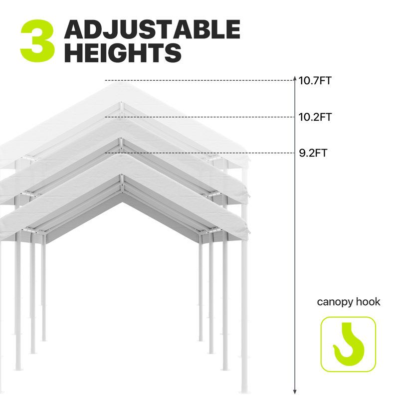 10x20 Ft Outdoor Carport With Adjustable Height, White