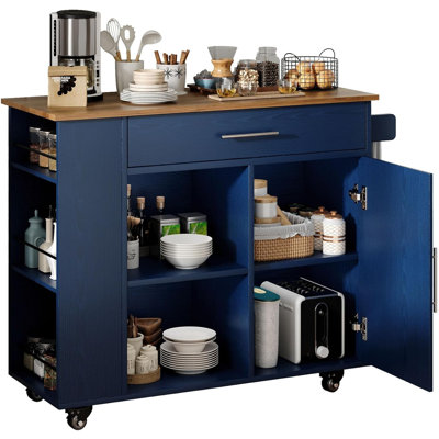 Kitchen Island Cart On Wheels With Storage, Kitchen Island With Spice Rack & Towel Rack, Rolling Kitchen Island With Open Shelves, Portable Island With Drawer