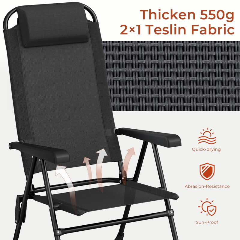 Folding Patio Chairs Set Of 2, Outdoor Lawn Chair, 5 Level Adjustable Teslin Back, Removable Headrest, Ergonomic Armrest, Foot Pad, All Weather For Camping, Garden, Pool, Yard, 300Lbs(Black)