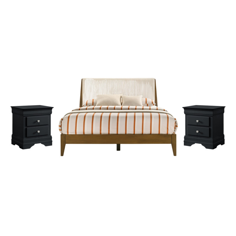 Barvelle Modern Solid Wood 3 Pieces Fully Assemble Bedroom Set, Walnut/Black