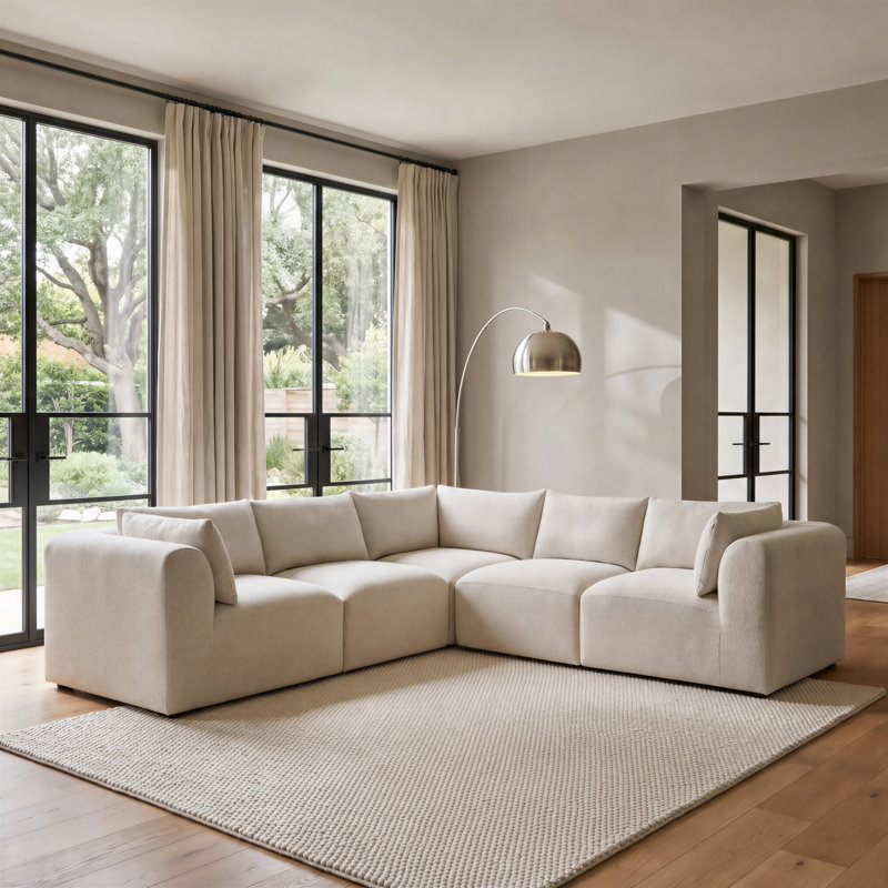 Driftwood Upholstered Boucle Fabric Modular Corner Sofa - Cozy Modern Design, Cream, 4 Seat Sofa