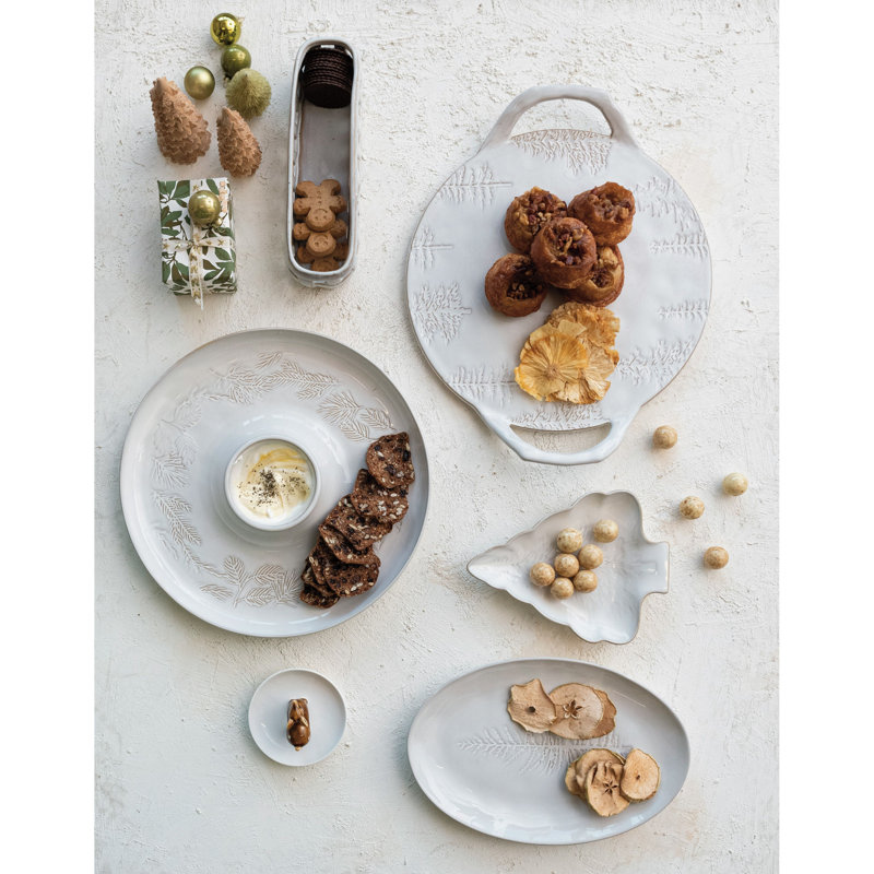 Round Debossed Stoneware Chip And Dip With Pine Boughs In Reactive Glaze