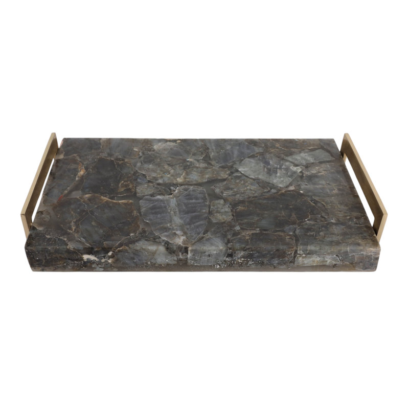 Plateau décoratif en métal et pierre pour entrée - Centre de table avec poignées - 38 cm, gris et or