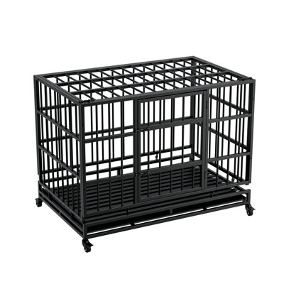 48 Inch Heavy Duty Indestructible Folding Metal Dog Crate with Wheels, Big Dog Cage with Removable Plastic Tray for Large & Medium Dogs